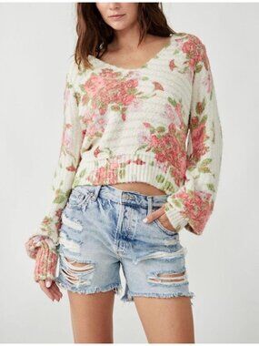 Free People Bed of Roses Sweater Garden Botanical Whimsy Fairy Small